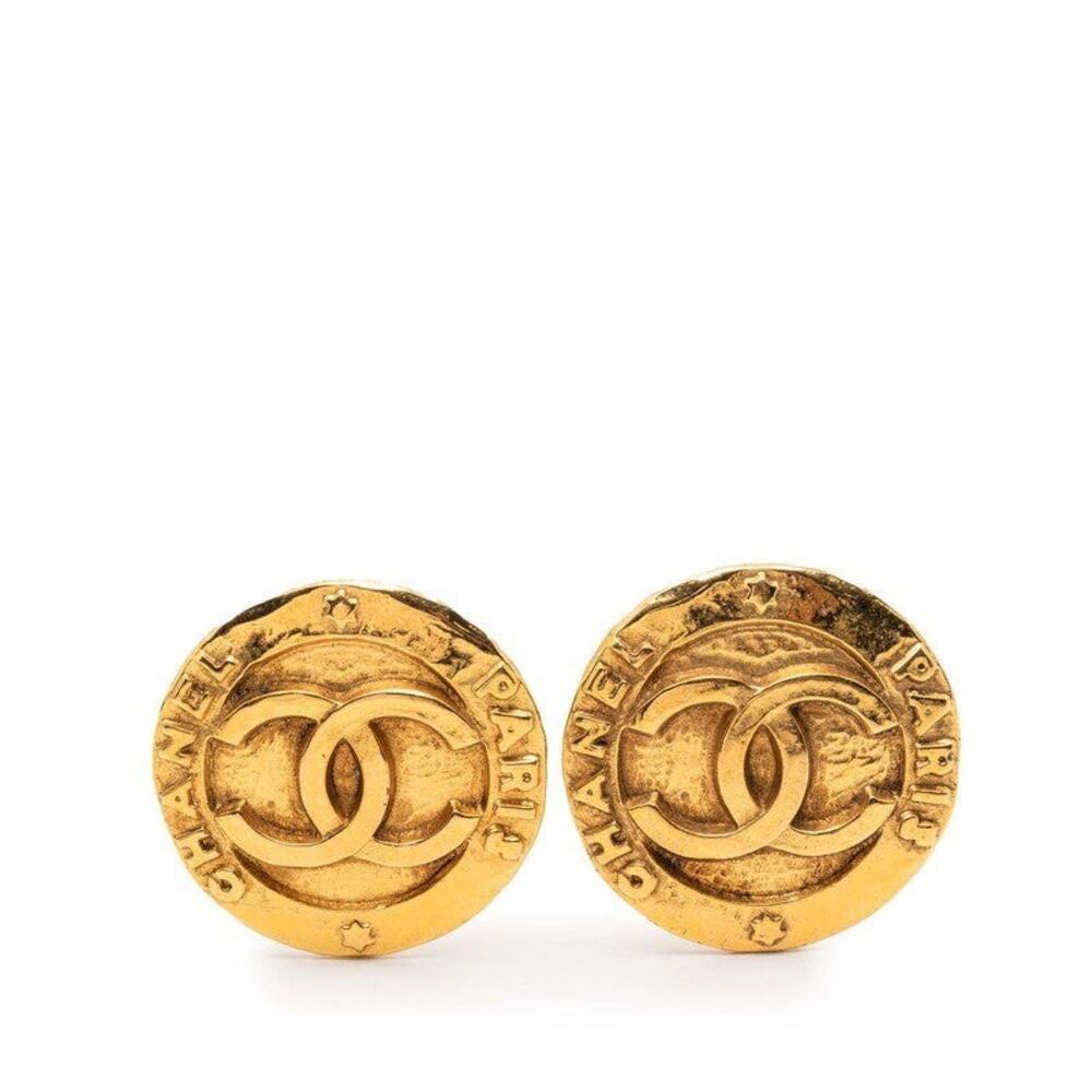 Chanel CC Logo Round Earrings Gold Plated